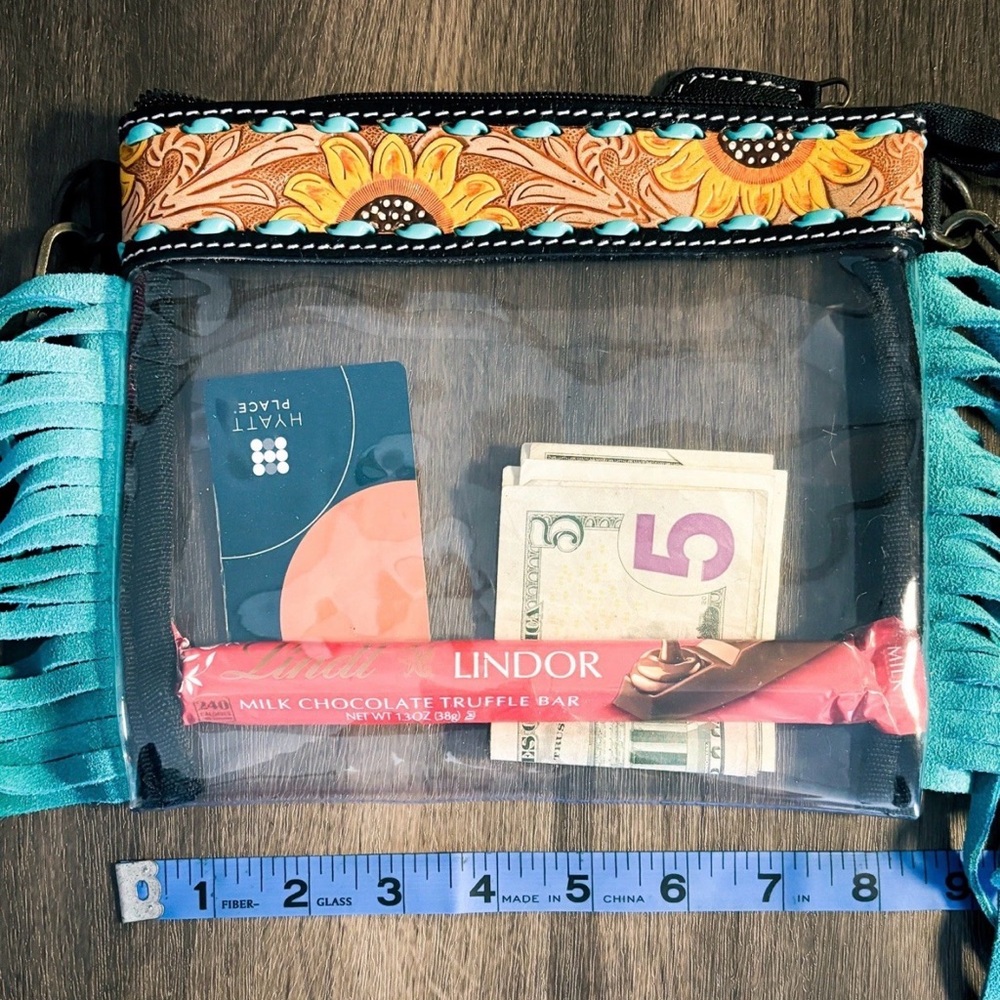 Vibrant Sunflower Women's Shoulder Bag with Blue Fringe Unworn display model - Picture 7 of 8